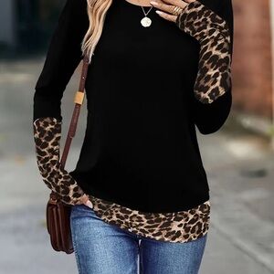 Chic Black and Leopard Print Long Sleeve Top